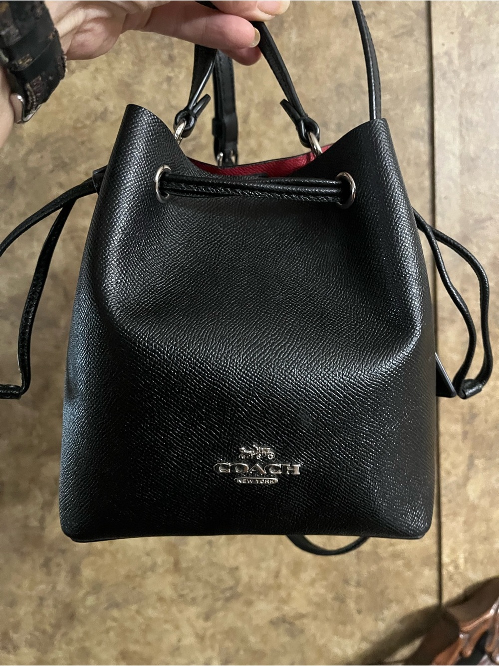 Coach Black Leather Mini Drawstring Bag with Red Lining